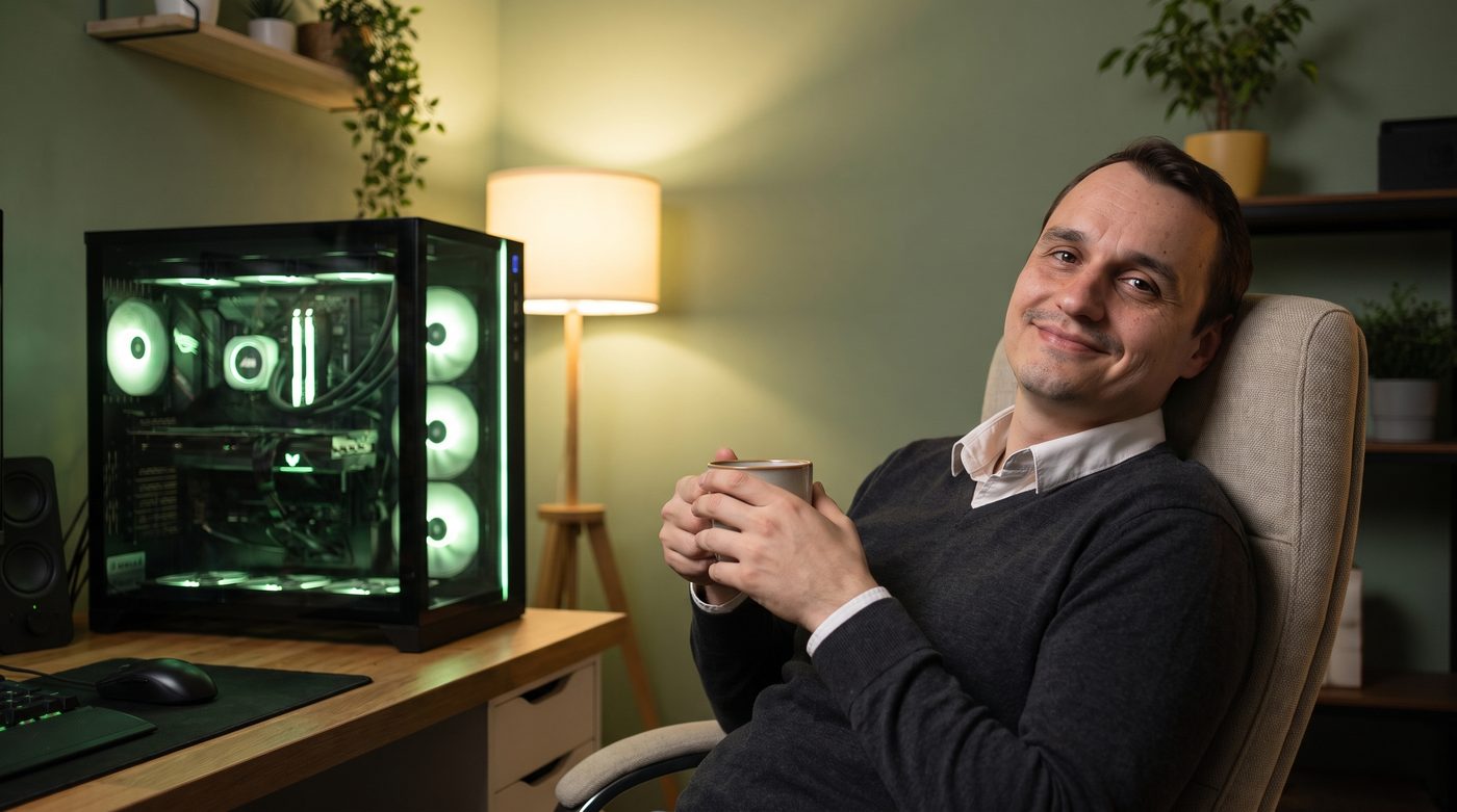 Jev relaxing next to a finished PC glowing green in a cozy study (AI-generated scene)